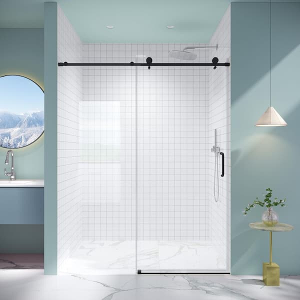 60 in. W x 76 in. H Single Sliding frameless Bypass Bathroom Shower Door with 1/4 in. Tempered Glass in Matte Black