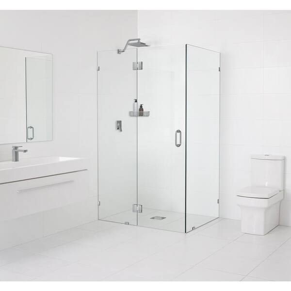 Glass Warehouse 43 in. W x 39 in. D x 78 in. H Pivot Frameless Corner Shower Enclosure in Brushed Nickel Finish with Clear Glass