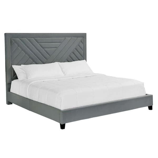 THE URBAN PORT Charcoal Gray Wooden Frame Queen Platform Bed with Fabric Upholstered Channel Tufted Headboard