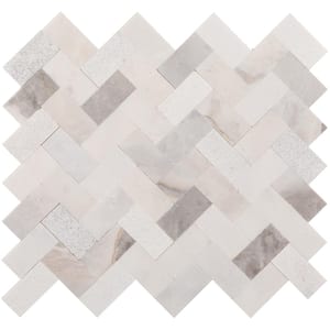 Xpress Mosaix Groutless Stormy Mist Mixed 11 in. x 12 in. Marble Herringbone Mosaic Tile (7.5 sq. ft./case)