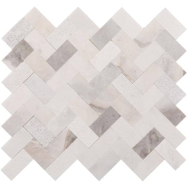 Daltile Xpress Mosaix Groutless Stormy Mist Mixed 11 in. x 12 in. Marble Herringbone Mosaic Tile (7.5 sq. ft./case)