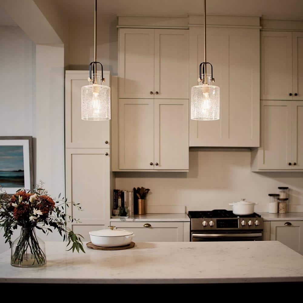 Kitner Vintage Industrial 1-Light Pendant in Natural Brass with Clear Seeded Glass