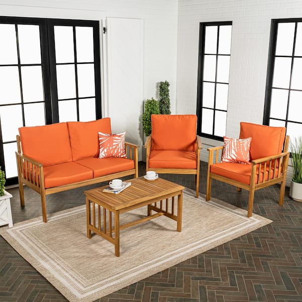 Everly 4-Piece Cottage Acacia Wood Outdoor Patio Set and Tropical Decorative Pillows, Orange/Teak Brown Cushions