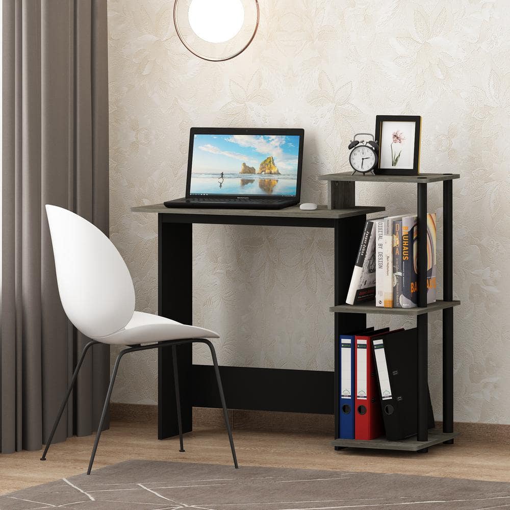 Compact French Oak Grey/Black Laptop Desk with Drawer