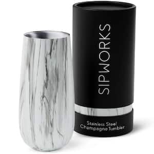 Double Walled 8 oz. Insulated White Marble Stainless Steel Flute Champagne Tumbler with Spill Proof