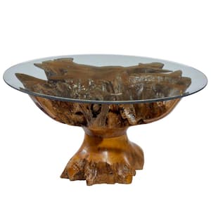 38 in. Brown Teak Wood Round Glass Top Coffee Table with Live Edge