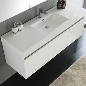 Mezzo 59 in. Vanity in White with Acrylic Vanity Top in White with White Basin and Mirrored Medicine Cabinet