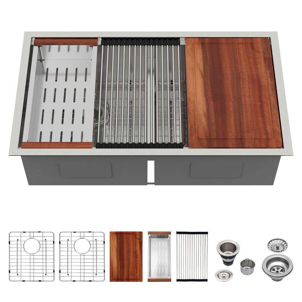 Logmey 36 in. Undermount Workstation Double Bowl 50/50 Sink with