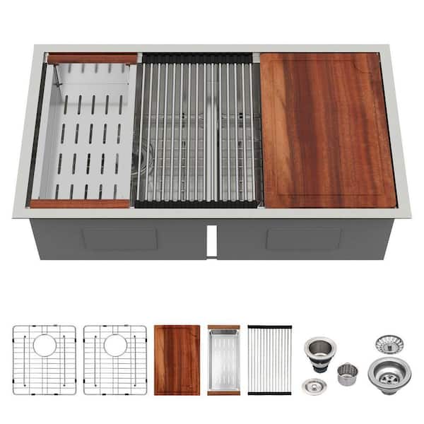 36 in. Undermount Workstation Double Bowl 50/50 Sink with Low Divide 16-Gauge Brushed Stainless Steel Sink