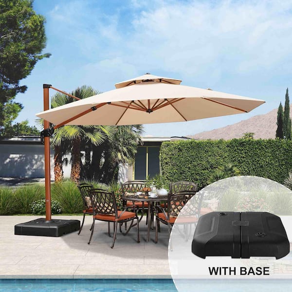13 ft. Octagon High-Quality Wood Pattern Aluminum Cantilever Patio Umbrella with Stand, Beige