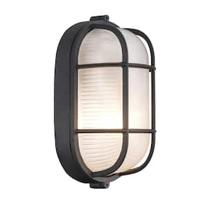 Aria 8.25 in. 1-Light Black Oval Bulkhead Outdoor Wall Light Fixture with Ribbed Glass