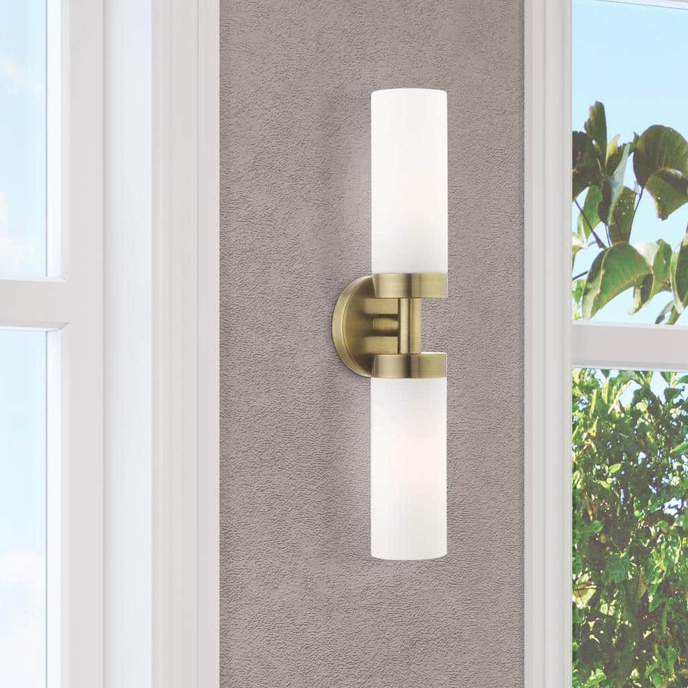 Aero Antique Brass 2-Light Vanity with Satin Opal White Glass