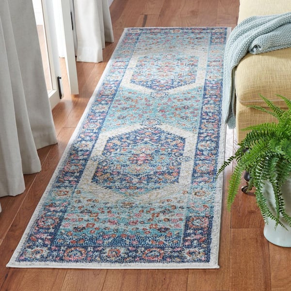 Phoenix 2 ft. x 10 ft. Ivory/Blue Distressed Medallion Border Runner Rug