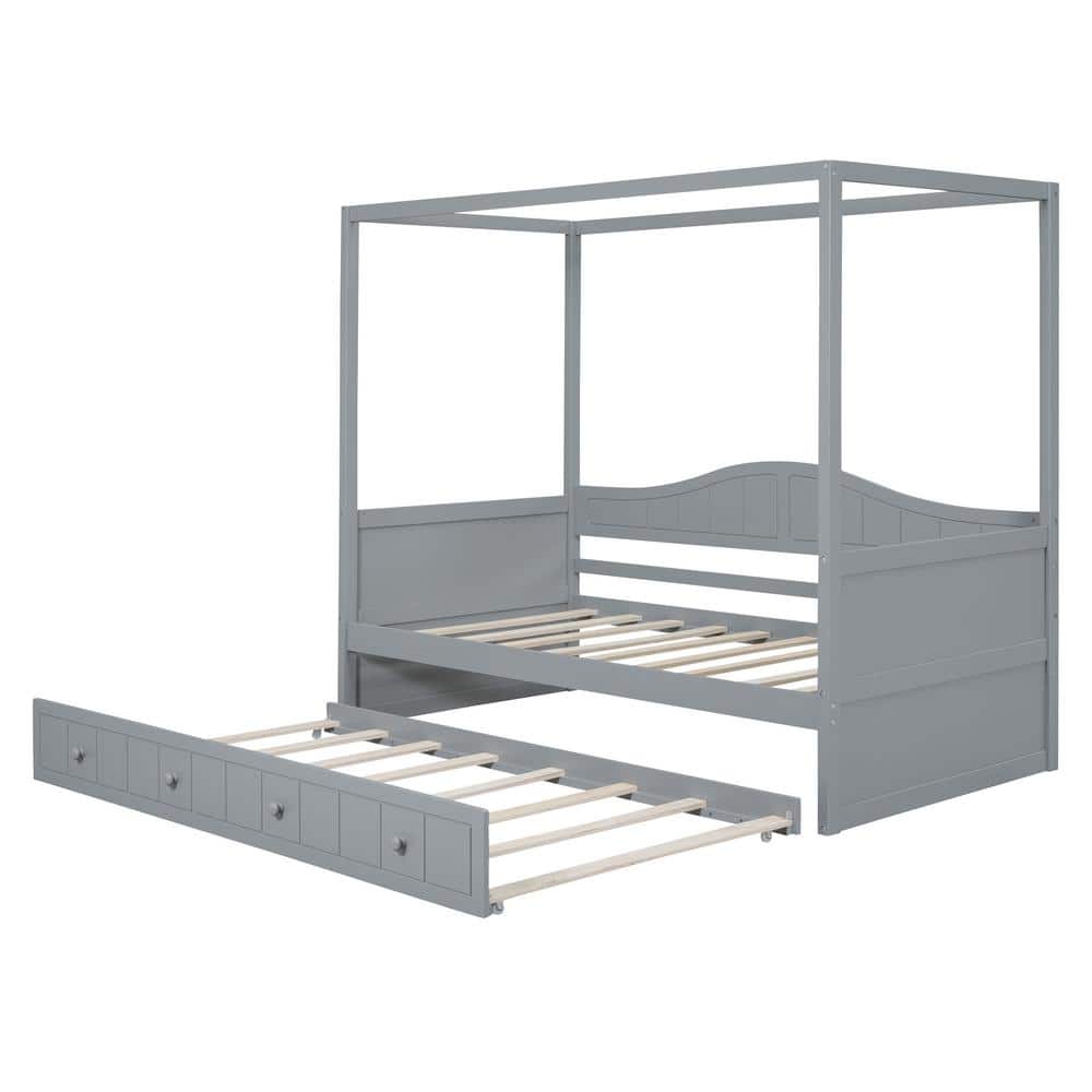 White Wood Frame Twin Size Canopy Bed, Daybed with Trundle - thumbnail 3