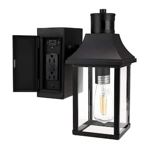 1-Light 10 in. Black Motion Sensor Dusk to Dawn Outdoor Wall Sconce with Clear Glass and USB