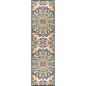 Flora Abstract Bold Mandala High-Low Red/Blue/Yellow 2 ft. x 8 ft. Indoor/Outdoor Area Rug