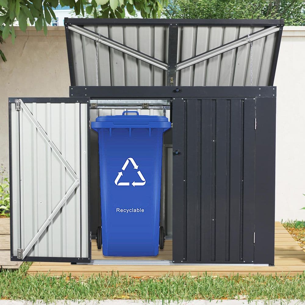 Mavis 64.75 in. W x 38.5 in. D x 54.25 in. H Black Metal Trash Can Storage, Garbage Bin Shed Stores 2 Trash price history on PriceWatchPro