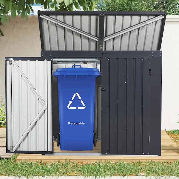 Mavis 64.75 in. W x 38.5 in. D x 54.25 in. H Black Metal Trash Can Storage, Garbage Bin Shed Stores 2-Trash