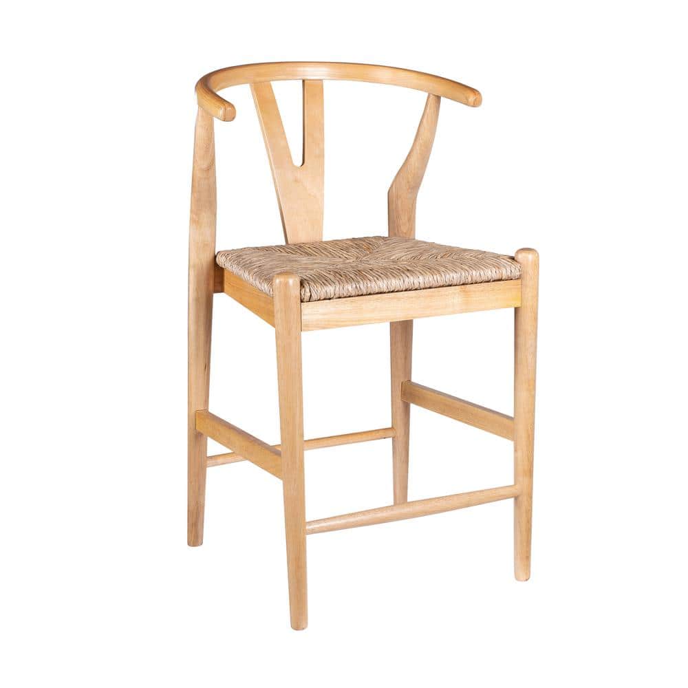 Natural Finish Rubberwood Wishbone Bar Stool with Woven Rush Seat