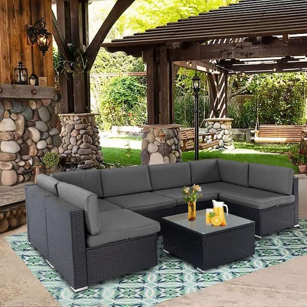 Suncrown Black Brown 7 Piece Wicker Outdoor Sectional Set With Dark Gray Cushions Hd F07bg201 - Brown Patio Furniture With Black Cushions