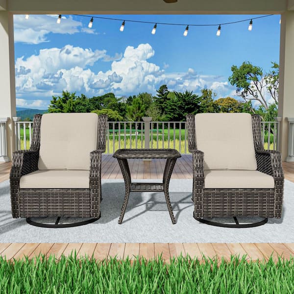 3-Pieces Wicker Outdoor Patio Furniture Sets Swivel Chair Set with Beige Cushion