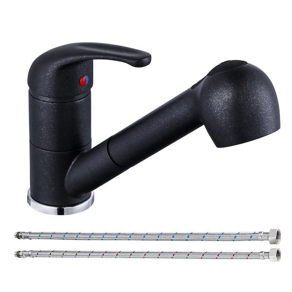Single-Handle Pull Out Sprayer Kitchen Faucet with Deckplate Included Supply Lines in Black Quartz