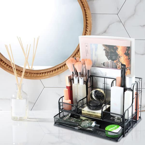 Black 11.22 in. x 5.75 in. Metal Mesh Desk Organizer Set with 7-Compartments, Pen Holder and 72-Accessories