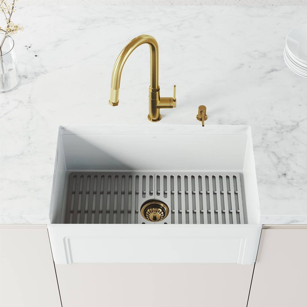 Matte Brushed Gold 18" Stainless Steel Pull-Down Kitchen Faucet with Soap Dispenser