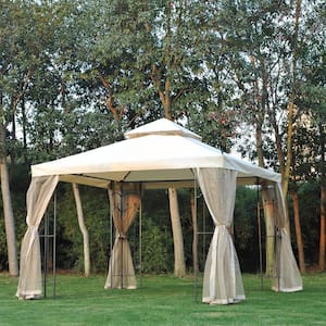 10 ft. x 10 ft. x 9 ft. Steel Outdoor Weather Resistant Garden Gazebo with Mesh Curtain and Dual-Tier Vent Roof, Beige