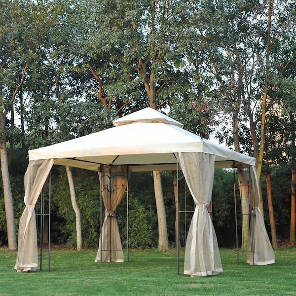 Outsunny 10 ft. x 10 ft. x 9 ft. Steel Outdoor Weather Resistant Garden Gazebo with Mesh Curtain and Dual-Tier Vent Roof, Beige