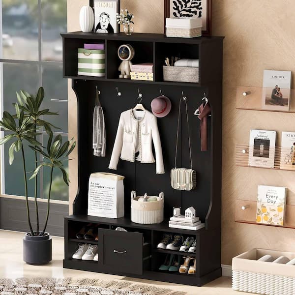 57 in. Hall Tree with 6 Hooks, Coat Hanger, Entryway Bench, A Spacious Drawer for Entrance, Living Room, Black