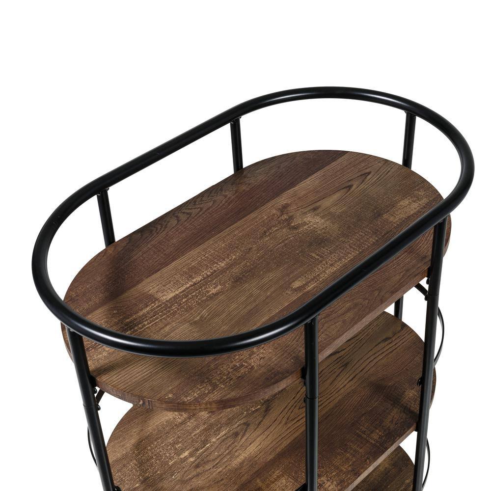 Rustic Brown and Black 3-Tier Oval Bar Cart with Storage