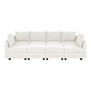 Modern 6-Seater Upholstered Sectional Sofa with Double Ottoman - White Down Linen