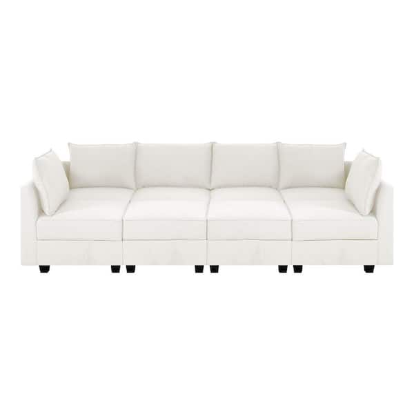HOMESTOCK 112.8 in Modern 6-Seater Upholstered Sectional Sofa with Double Ottoman - White Down Linen for Living Room/Office