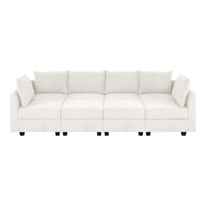 Contemporary 6 Seater Upholstered Sectional Sofa with Double Ottoman - White Down Linen