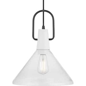 Suwanee 12 in. 1-Light White Coastal Pendant Light with Clear Seeded Glass Shade for Kitchens