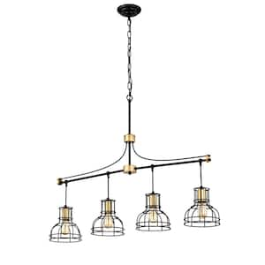 4-Light Matte Black and Gold Farmhouse Chandelier with Adjustable Height, Metal Cage Shades (E26 Bulbs Not Included)