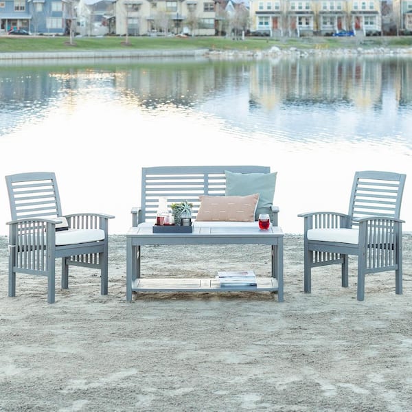 Walker Edison Furniture Company Chevron Grey Wash 4-Piece Classic Wood Outdoor Patio Conversation Set with Beige Cushions