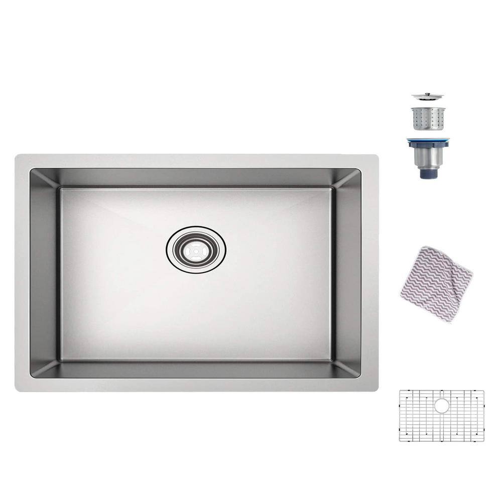 Stainless Steel 30 in. Single Bowl Undermount Kitchen Sink with Bottom Grid and Kitchen Sink Drain, Silver