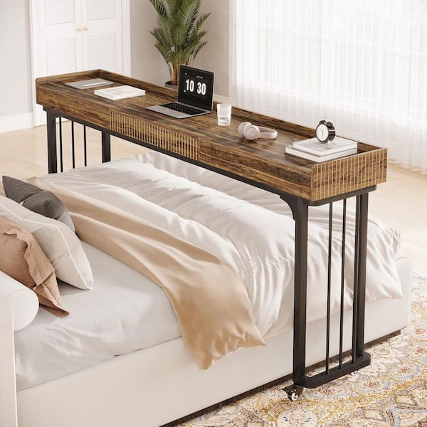 Halseey 78.7 in. Rectangular Brown Wood Overbed Table Computer Desk with Wheels Storage, Over Bed Makeup Table w/ Mirror