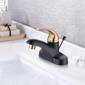 4 in. Centerset Single-Handle Low Arc Bathroom Faucet with Drain Kit Included in Black and Gold