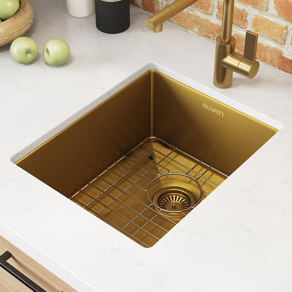 Terraza 14 in. Undermount Single Bowl 16-Gauge Stainless Steel Bar Prep Kitchen Sink in Matte Gold with Rounded Corners