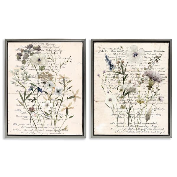 Stupell Industries Vintage Letters with Botanicals by Carol Robinson 2-Pieces Gray Floater Frame Nature Graphic Art Print 21 in. x 17 in.