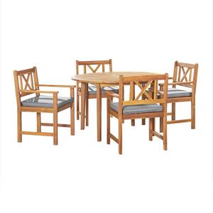 Manchester 5-Piece Acacia Wood Outdoor Dining Set with Round Dining Table and 4 Dining Chair with Light Gray Cushions