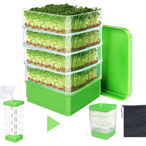 Phewnyzo 4-Tier Seed Sprouting Kit with Drain Holes and Tray, Stackable Microgreens Bean Sprouter Soil-Free Tray for Alfalfa