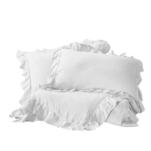 GOTS Certified 3-Pieces White Ruffled Organic Cotton 300 TC, 8 Internal Ties, Fair Trade Queen Duvet Set