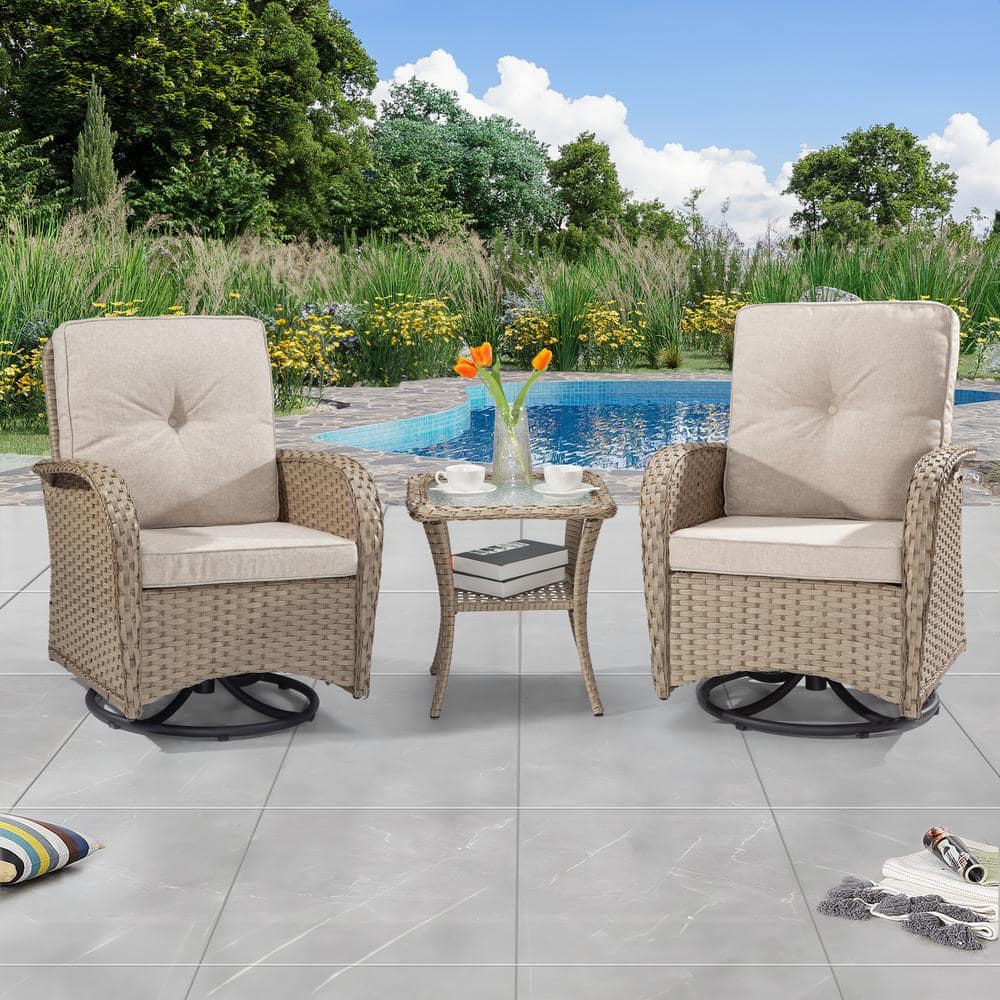JOYSIDE 3-Pcs Light Brown Wicker Outdoor Rocking Chair Patio ...