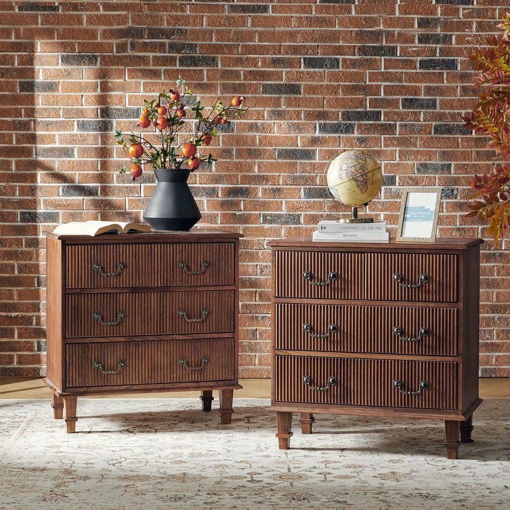 Elpenor Walnut 28 in. W Solid Paulownia Wood 4-Drawer Nightstand with Charging Station Set of 2