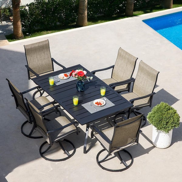 Unbranded 7-Piece Metal Patio Outdoor Dining Set 6-Swivel Chairs and Rectangle Table with Umbrella Hole