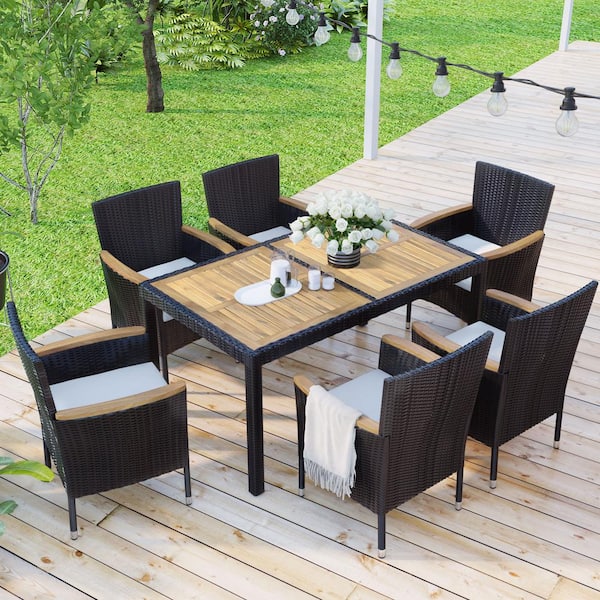 SOTEN RUGGED TABLET LLC 7-Piece Wicker Outdoor Dining Set, Acacia Wood Tabletop, Stackable Armrest Chairs with Beige Cushions, Brown